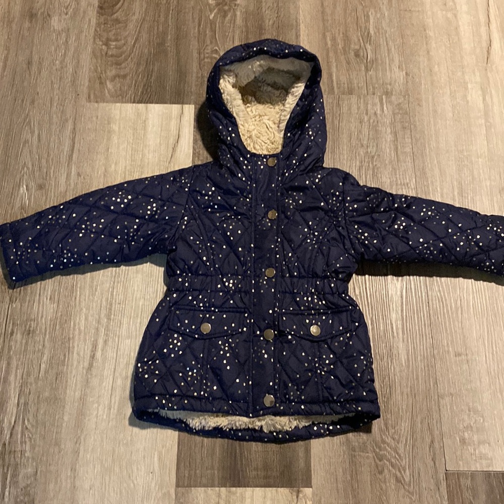 Me Jane Mini girls navy blue and gold stars fur winter jacket size 24 months